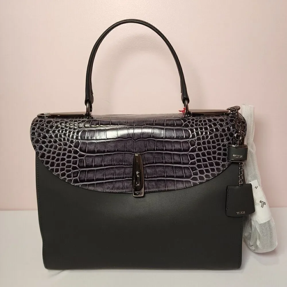 NWT Tumi Mezzanine RIVERA Crocodile Embossed Leather Satchel GREY